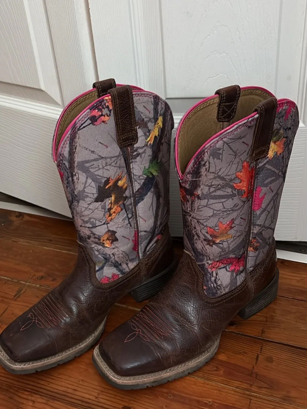 Ariat Brown Leather & Pink Accent Leaf Print Western Boots